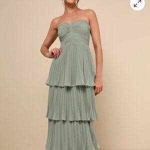 Lulus Seriously Sensational Sage Brush Strapless Tiered Maxi Dress